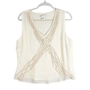 Garfield & Marks Womens‎ Ivory Beaded Silk Chiffon Sleeveless V-Neck Top Size 14